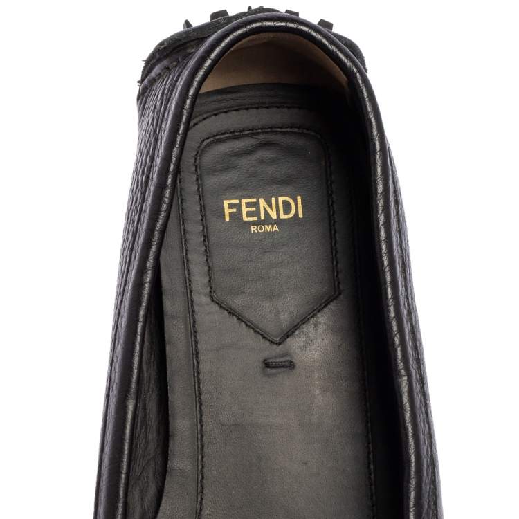 Pre Owned Fendi Black Leather FF Slip On Loafers Size 38.5