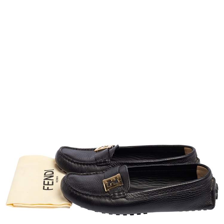 Pre Owned Fendi Black Leather FF Slip On Loafers Size 38.5