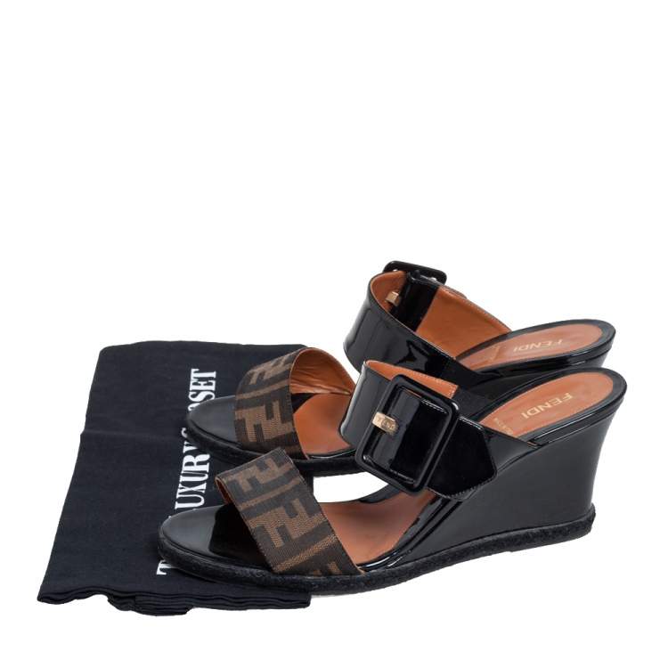 Pre Owned Fendi Black/Tobacco Zucca Canvas and Patent Leather Platform Wedge Sandals Size 41