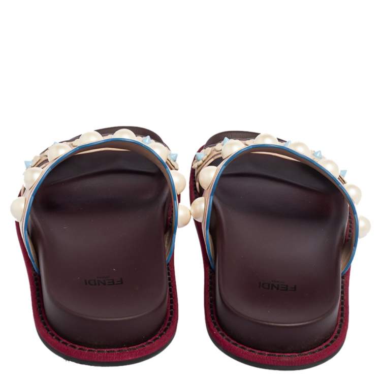 Pre Owned Fendi Multicolor Leather Faux Pearl Embellished Flat Slides Size 35