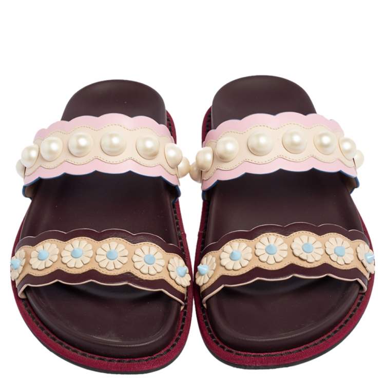 Pre Owned Fendi Multicolor Leather Faux Pearl Embellished Flat Slides Size 35