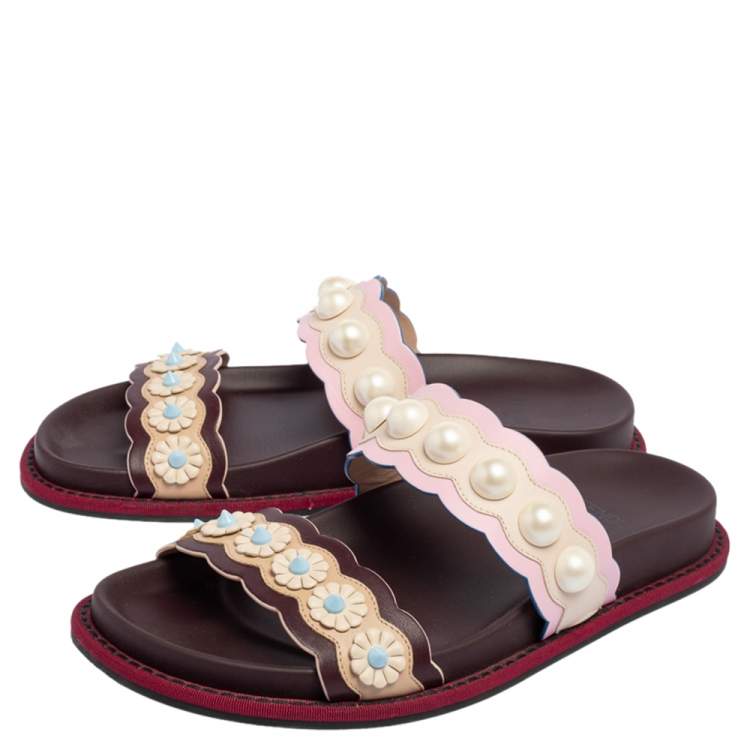 Pre Owned Fendi Multicolor Leather Faux Pearl Embellished Flat Slides Size 35