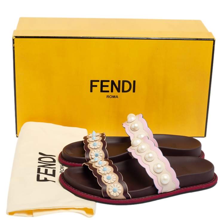 Pre Owned Fendi Multicolor Leather Faux Pearl Embellished Flat Slides Size 35