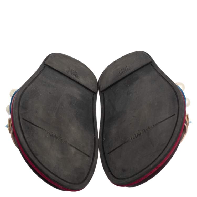 Pre Owned Fendi Multicolor Leather Faux Pearl Embellished Flat Slides Size 35