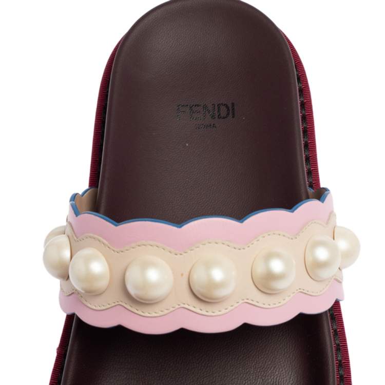 Pre Owned Fendi Multicolor Leather Faux Pearl Embellished Flat Slides Size 35