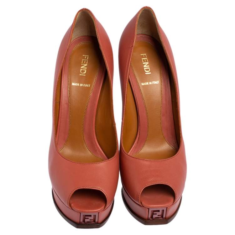 Pre Owned Fendi Pink Leather Fendista Peep Toe Platform Pumps Size 39.5