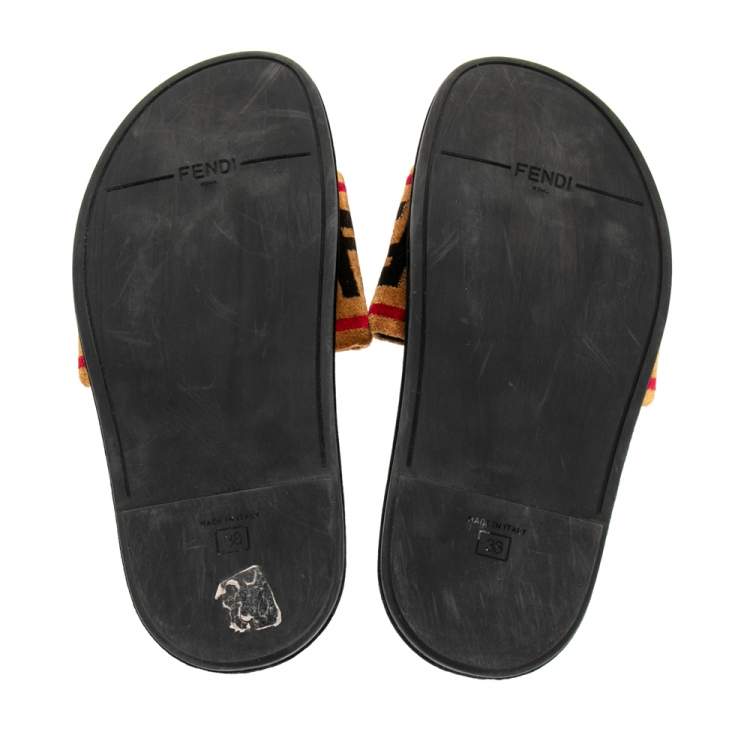 Pre Owned Fendi Brown FF Velvet Monogram Slide Sandals Size 38