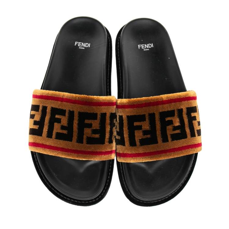Pre Owned Fendi Brown FF Velvet Monogram Slide Sandals Size 38