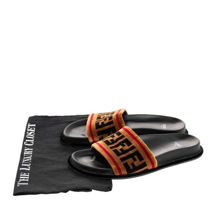 Pre Owned Fendi Brown FF Velvet Monogram Slide Sandals Size 38