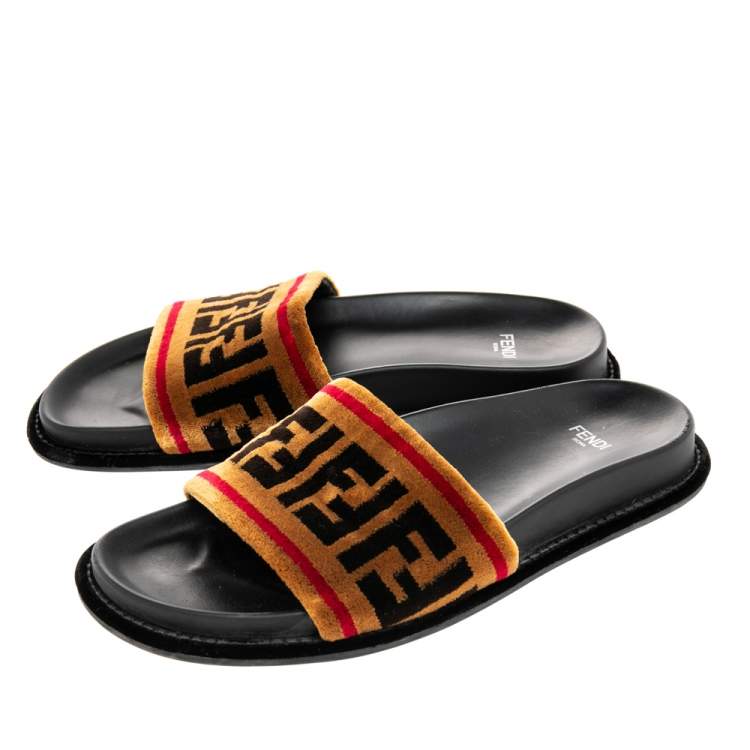 Pre Owned Fendi Brown FF Velvet Monogram Slide Sandals Size 38
