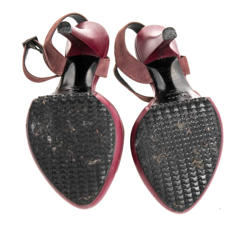 Pre Owned Fendi Burgundy Suede Platform  Ankle Strap Sandals Size 37