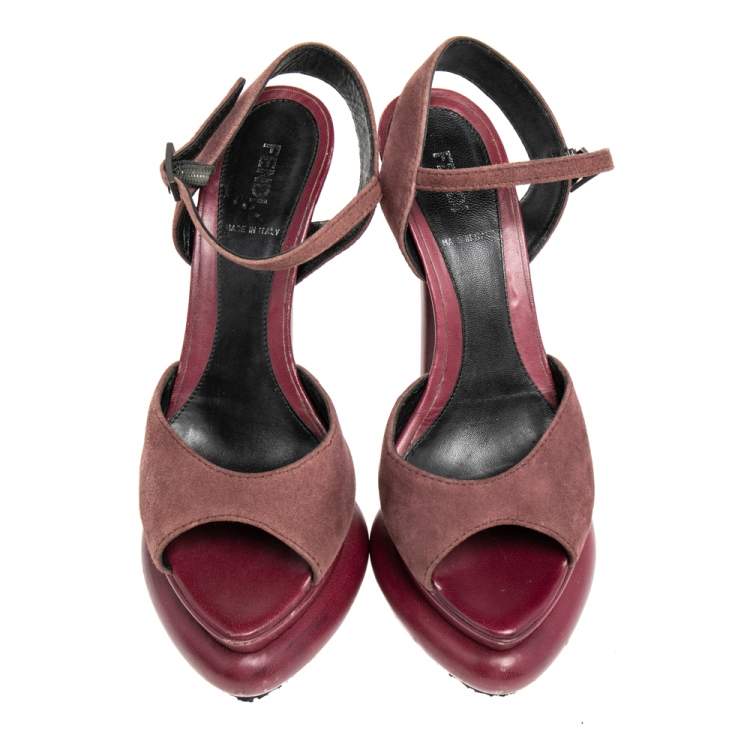 Pre Owned Fendi Burgundy Suede Platform  Ankle Strap Sandals Size 37