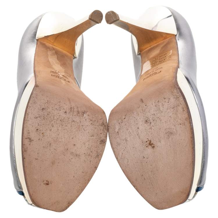 Pre Owned Fendi Silver Leather Fendista Peep Toe Platform Pumps Size 37