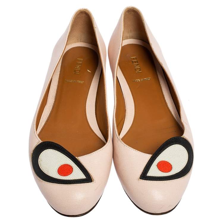 Pre Owned Fendi Pink Textured Leather Eye Detail Ballet Flats Size 38