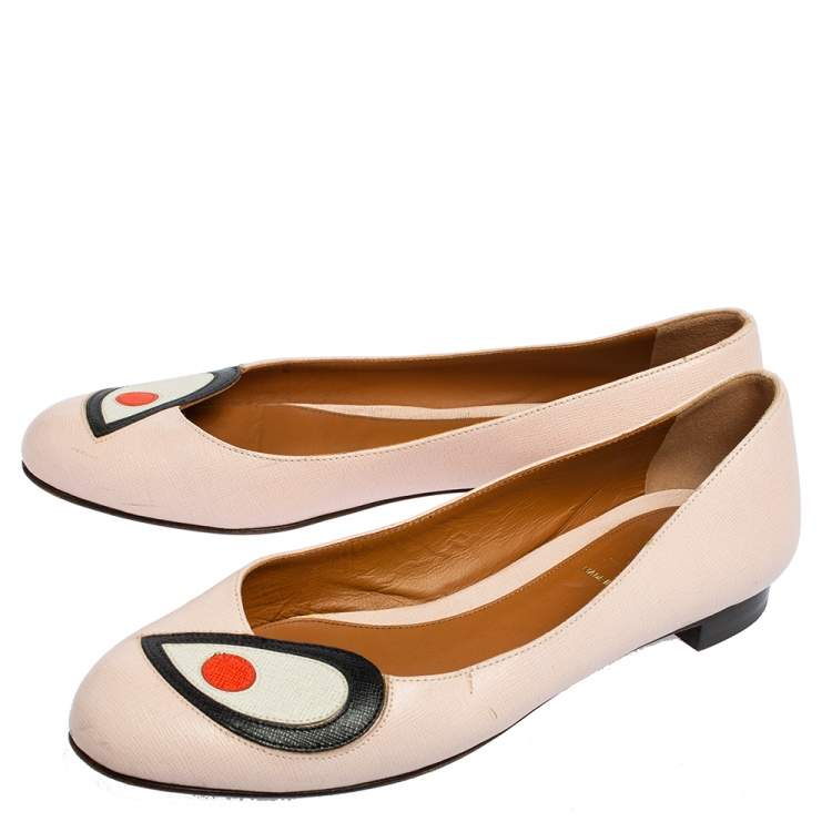 Pre Owned Fendi Pink Textured Leather Eye Detail Ballet Flats Size 38