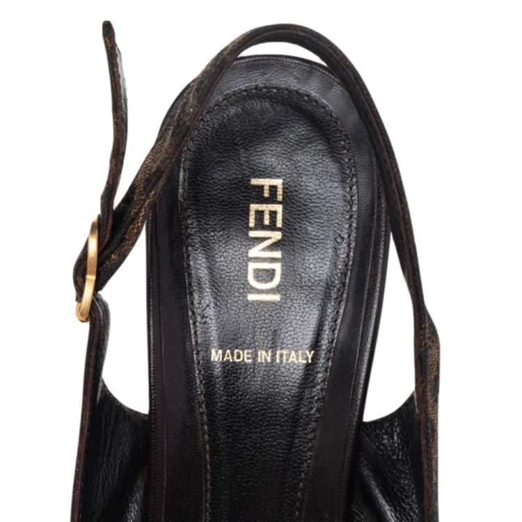 Pre Owned Fendi Tobacco Zucca Canvas Fendista Platform Peep Toe Slingback Sandals Size 39.5