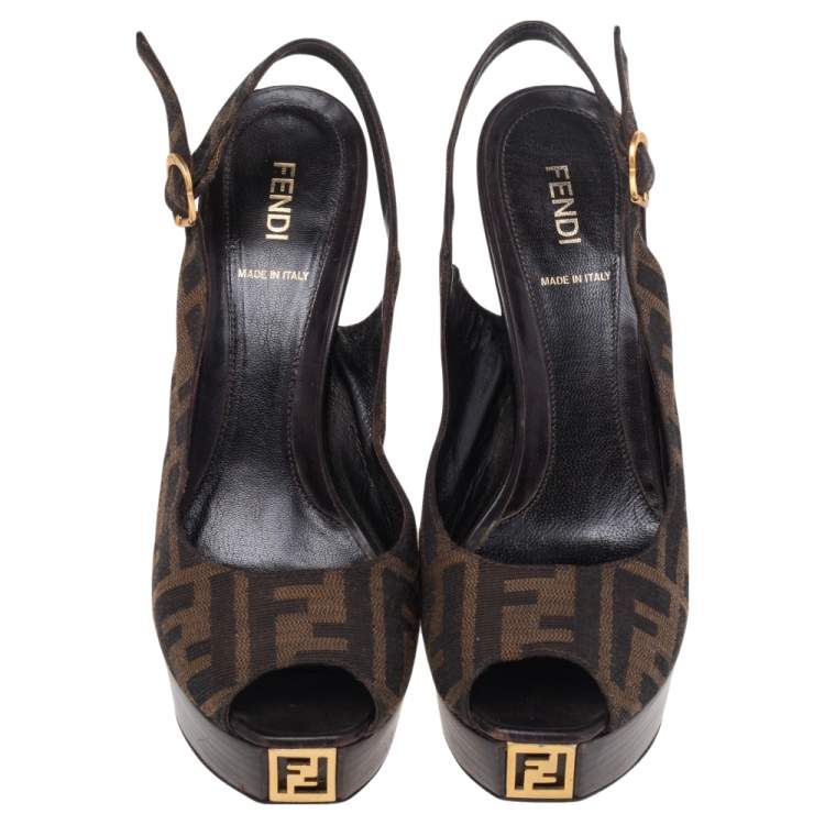 Pre Owned Fendi Tobacco Zucca Canvas Fendista Platform Peep Toe Slingback Sandals Size 39.5