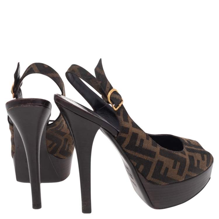 Pre Owned Fendi Tobacco Zucca Canvas Fendista Platform Peep Toe Slingback Sandals Size 39.5