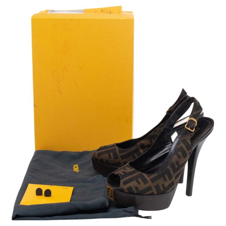 Pre Owned Fendi Tobacco Zucca Canvas Fendista Platform Peep Toe Slingback Sandals Size 39.5