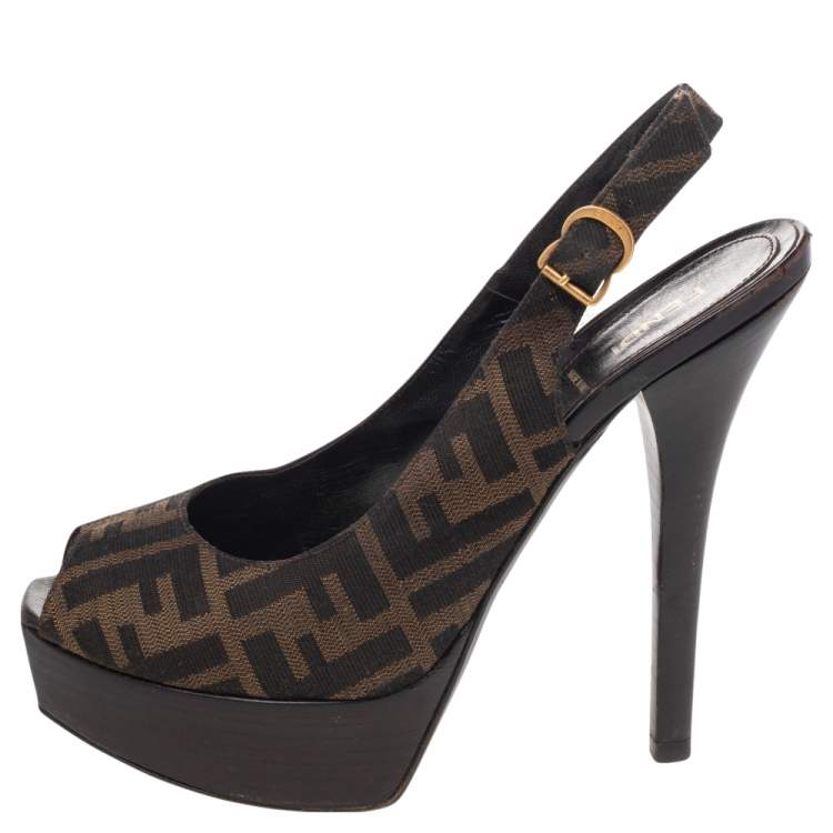 Pre Owned Fendi Tobacco Zucca Canvas Fendista Platform Peep Toe Slingback Sandals Size 39.5