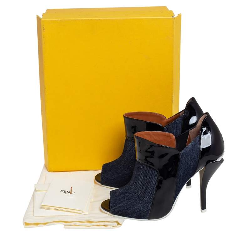 Pre Owned Fendi Blue/Black Patent Leather and Canvas Peep Toe Booties Size 40