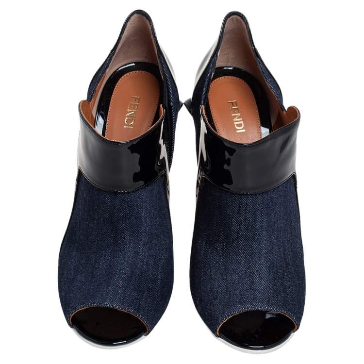 Pre Owned Fendi Blue/Black Patent Leather and Canvas Peep Toe Booties Size 40