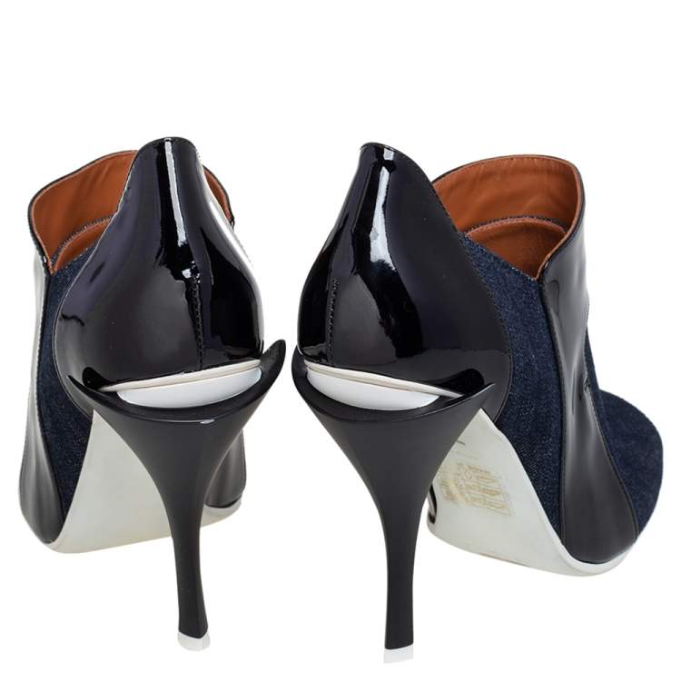 Pre Owned Fendi Blue/Black Patent Leather and Canvas Peep Toe Booties Size 40