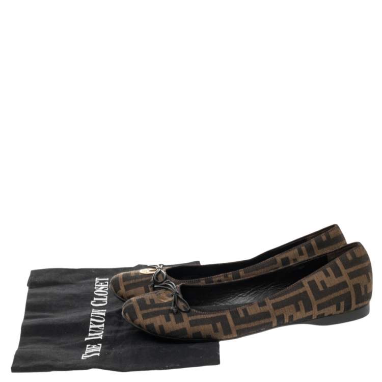 Pre Owned Fendi Brown Zucca Canvas Logo Bow Ballet Flats Size 40