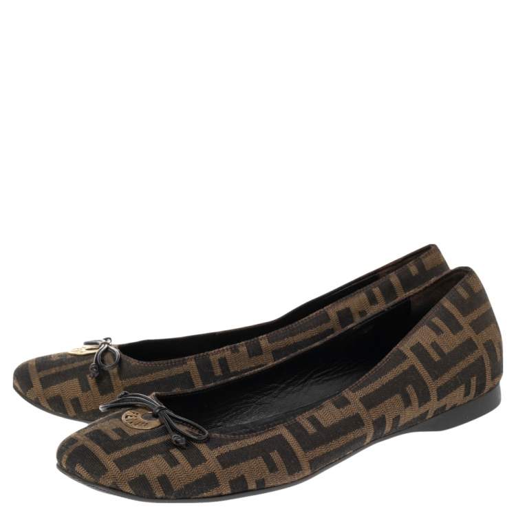 Pre Owned Fendi Brown Zucca Canvas Logo Bow Ballet Flats Size 40