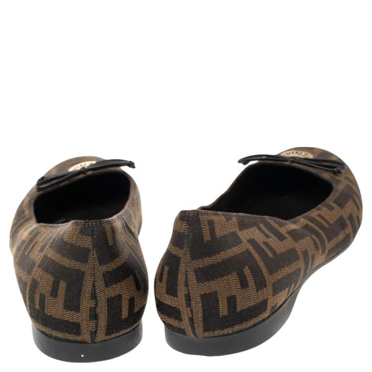 Pre Owned Fendi Brown Zucca Canvas Logo Bow Ballet Flats Size 40