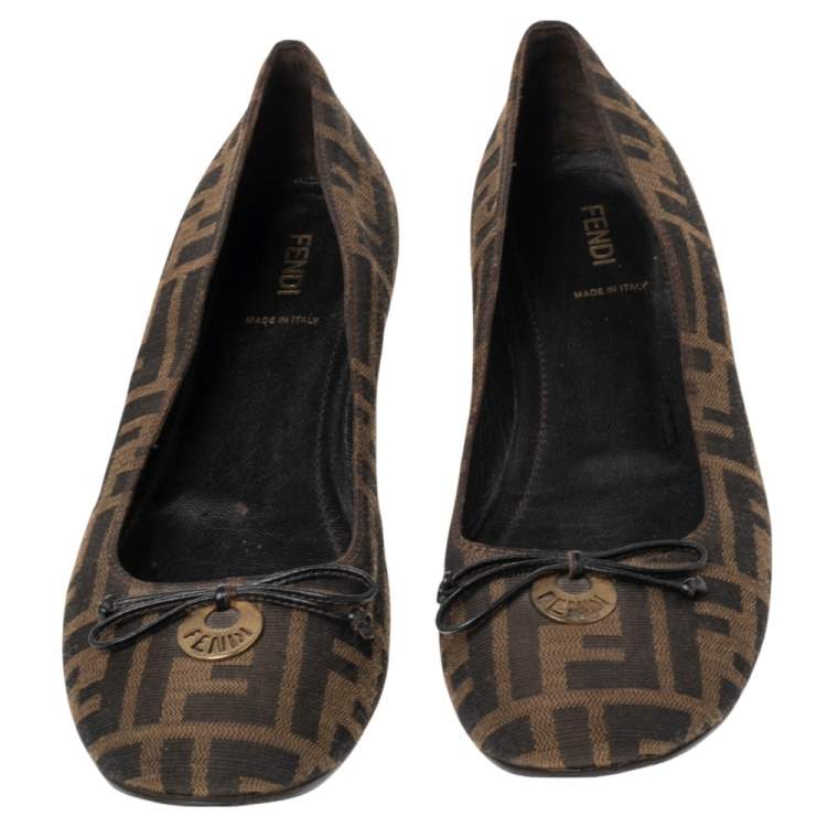 Pre Owned Fendi Brown Zucca Canvas Logo Bow Ballet Flats Size 40