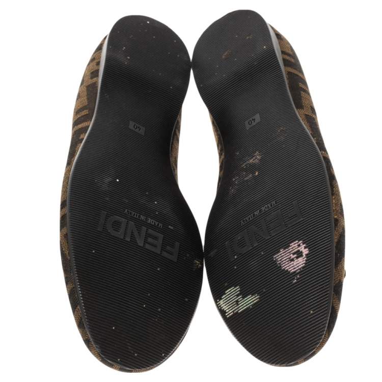 Pre Owned Fendi Brown Zucca Canvas Logo Bow Ballet Flats Size 40