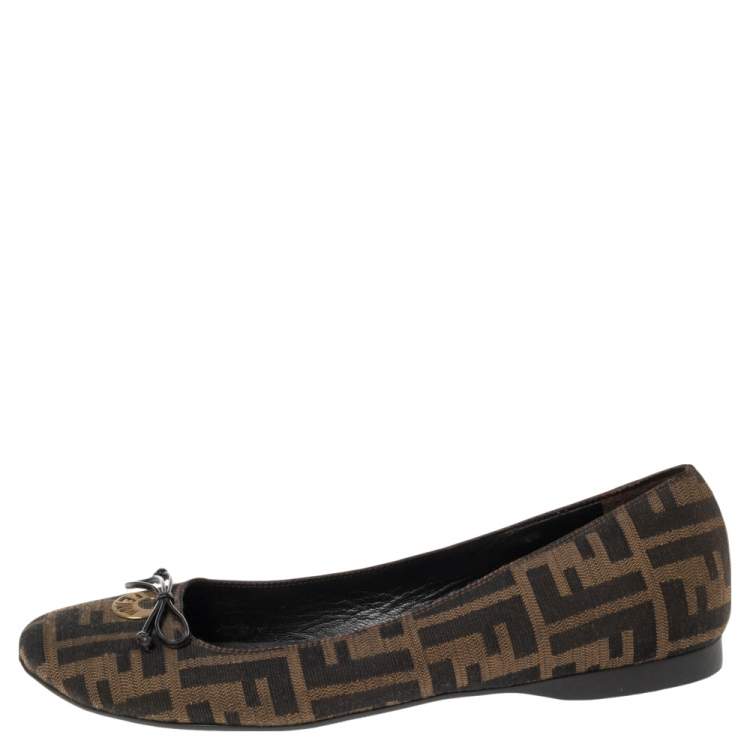 Pre Owned Fendi Brown Zucca Canvas Logo Bow Ballet Flats Size 40