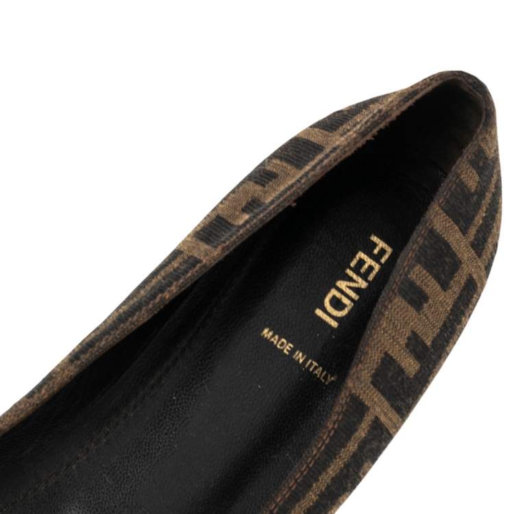 Pre Owned Fendi Brown Zucca Canvas Logo Bow Ballet Flats Size 40