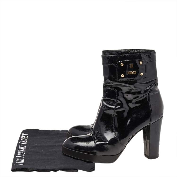 Pre Owned Fendi Black Patent Leather Ankle Length Boots Size 38.5