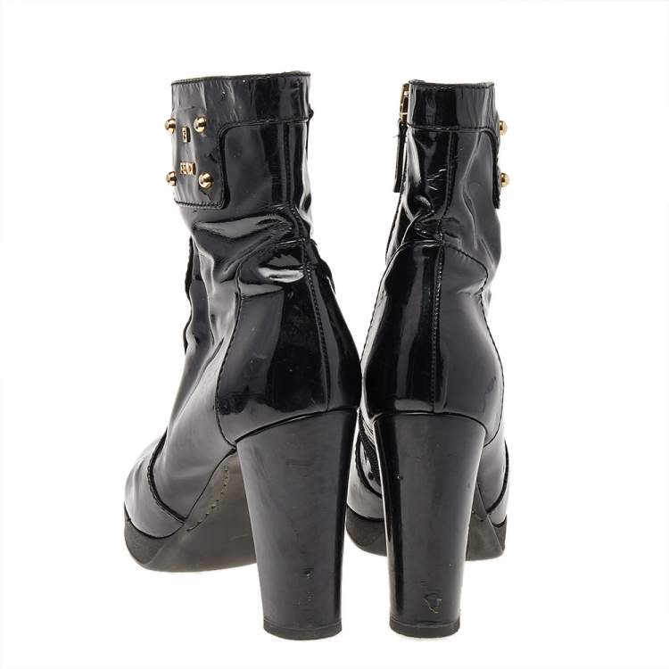Pre Owned Fendi Black Patent Leather Ankle Length Boots Size 38.5
