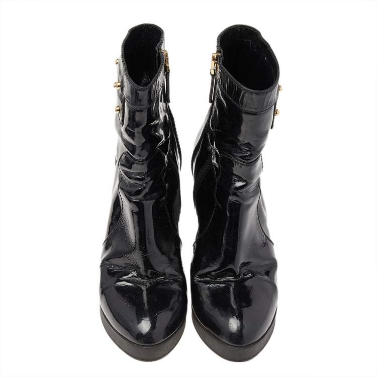 Pre Owned Fendi Black Patent Leather Ankle Length Boots Size 38.5