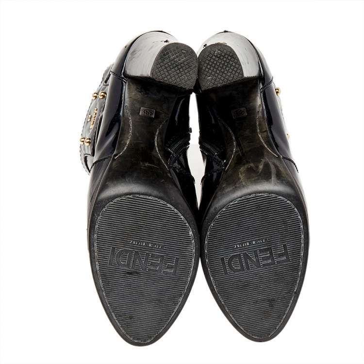 Pre Owned Fendi Black Patent Leather Ankle Length Boots Size 38.5