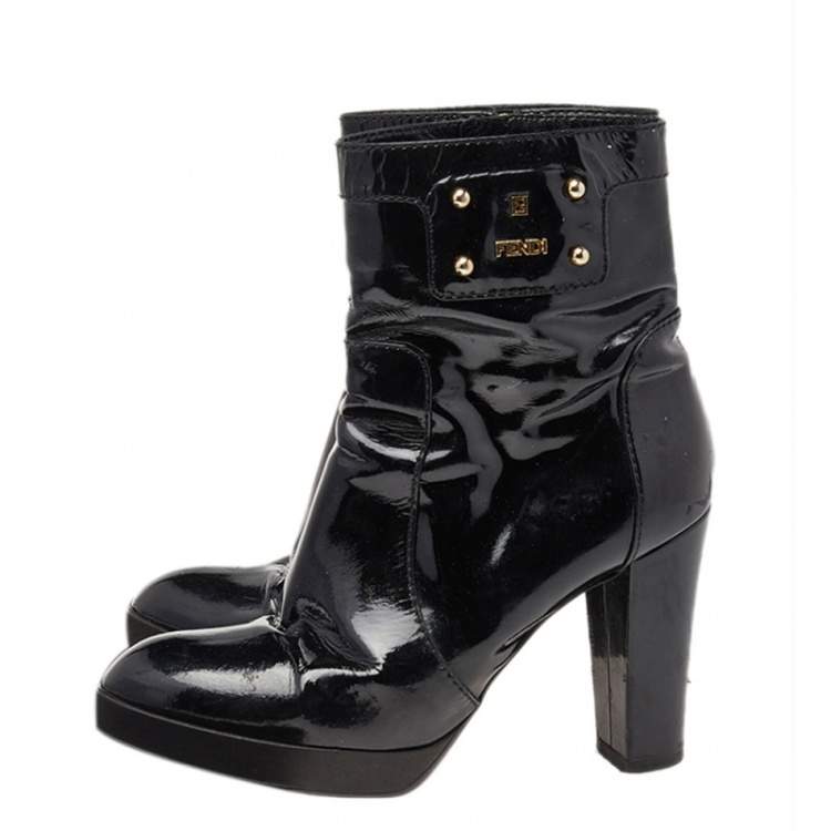 Pre Owned Fendi Black Patent Leather Ankle Length Boots Size 38.5