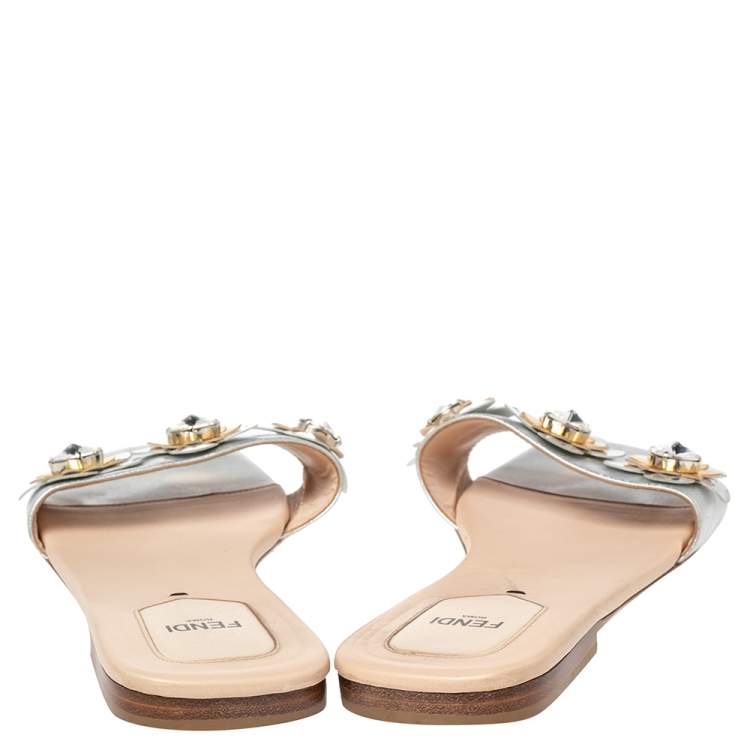 Pre Owned Fendi Silver Leather Flowerland Embellished Slide Flats Size 40.5