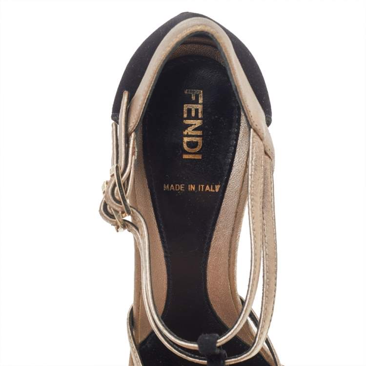 Pre Owned Fendi Black Satin And Leather T Strap Sandals Size 36.5
