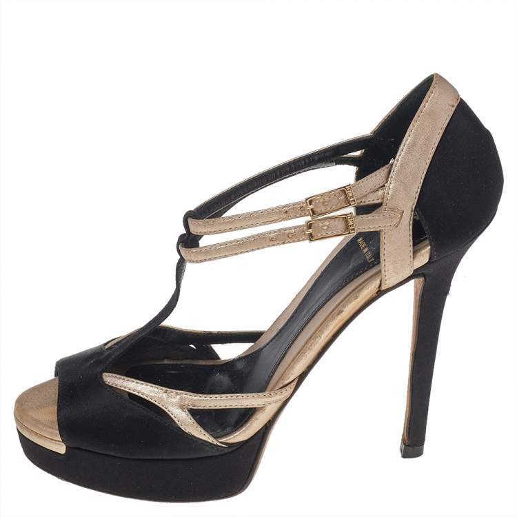 Pre Owned Fendi Black Satin And Leather T Strap Sandals Size 36.5