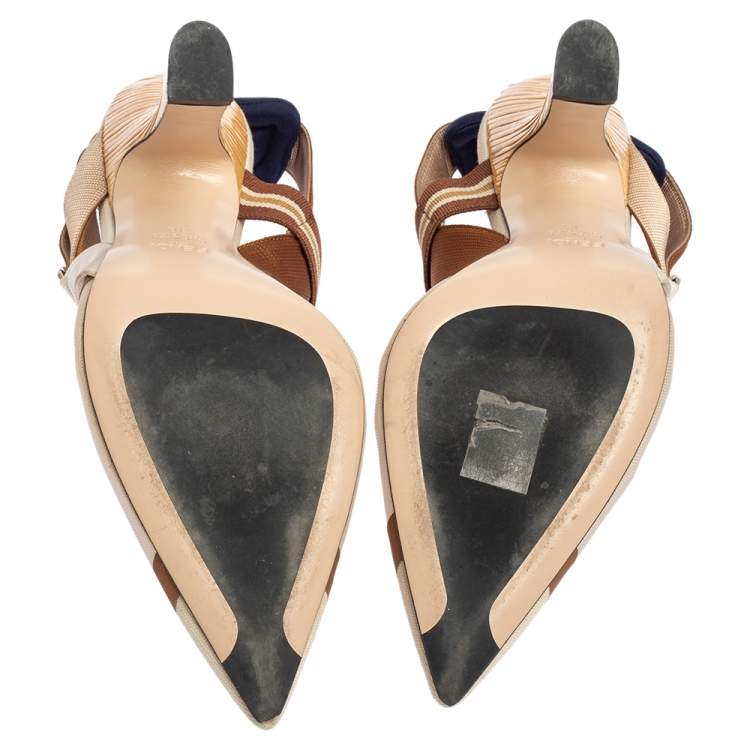 Pre Owned Fendi Beige/Brown Zucca Mesh And Leather Colibri Slingback Sandals Size 39