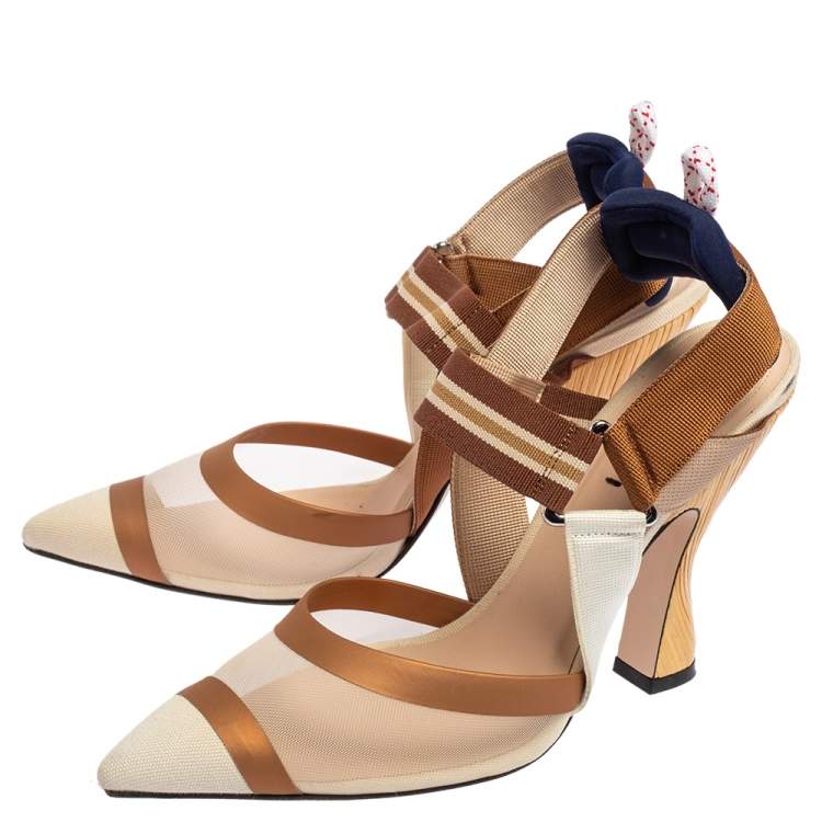 Pre Owned Fendi Beige/Brown Zucca Mesh And Leather Colibri Slingback Sandals Size 39