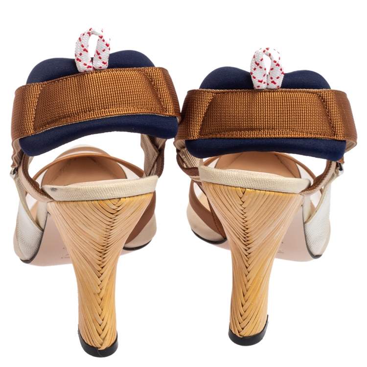 Pre Owned Fendi Beige/Brown Zucca Mesh And Leather Colibri Slingback Sandals Size 39