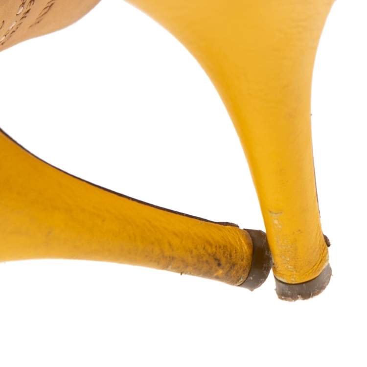 Pre Owned Fendi Yellow/Brown Leather and Zucca Canvas Slide Sandals Size 38