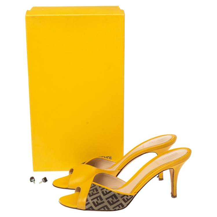 Pre Owned Fendi Yellow/Brown Leather and Zucca Canvas Slide Sandals Size 38