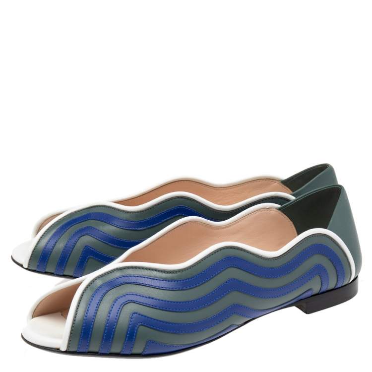 Pre Owned Fendi Blue/Grey Leather Peep Toe Scallop Flats Size 36