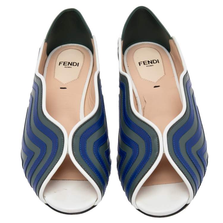 Pre Owned Fendi Blue/Grey Leather Peep Toe Scallop Flats Size 36