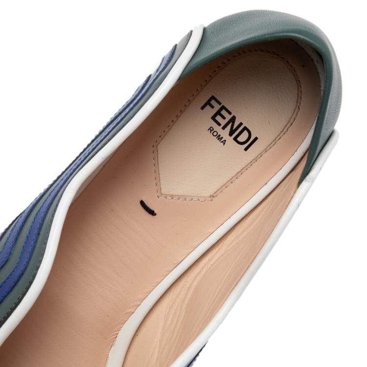Pre Owned Fendi Blue/Grey Leather Peep Toe Scallop Flats Size 36